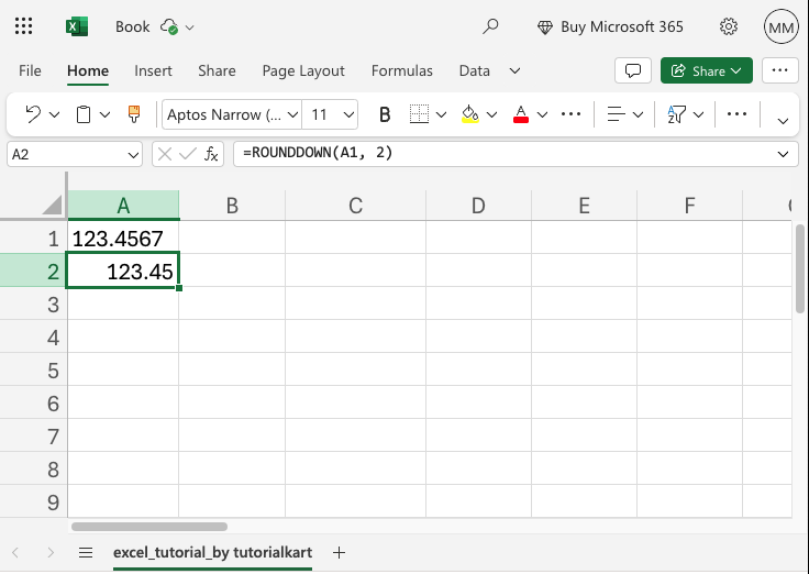 Using the ROUNDDOWN Function to round the number down, to two decimal places